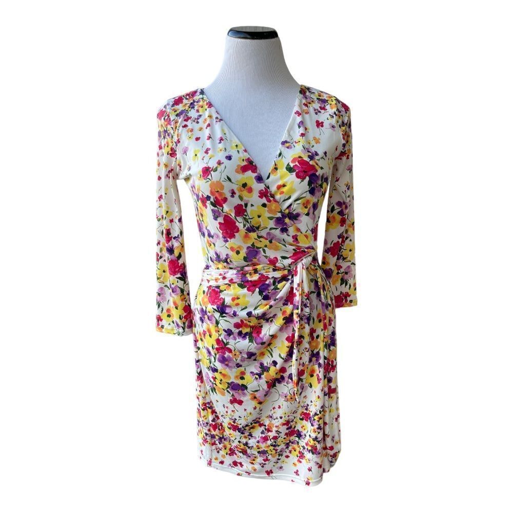 Jessica Simpson Floral Faux Wrap Dress Size 4 Ruched Sheath Career Wedding